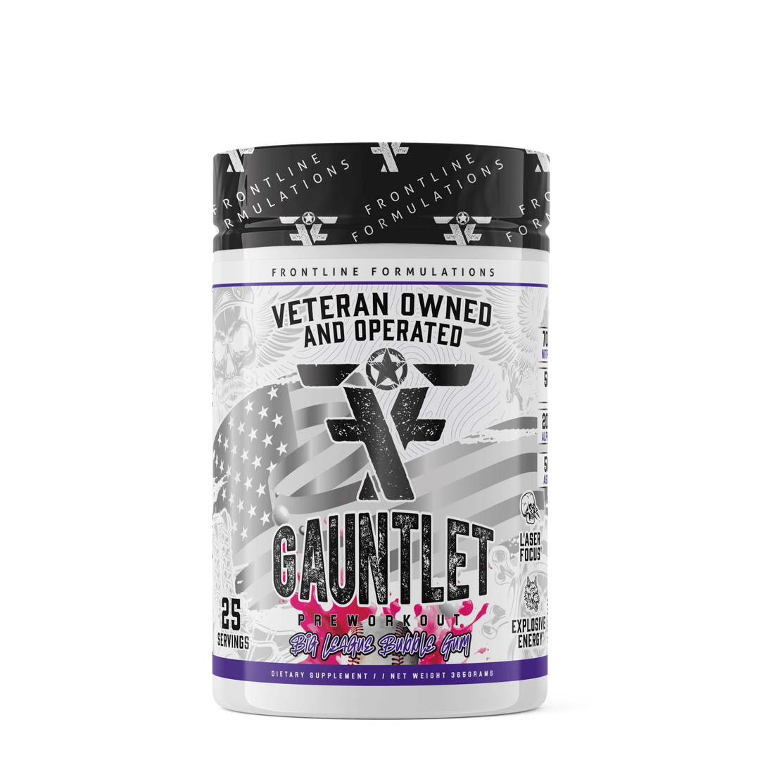 Front Line Formulations Gauntlet Gauntlet is quickly becoming one of the most sought after mid stim pres on the market! -boasting 275mg of caffeine combined with 50mg of astragin for almost instant absorption!-300mg of L-Theanine to prevent jitters and el