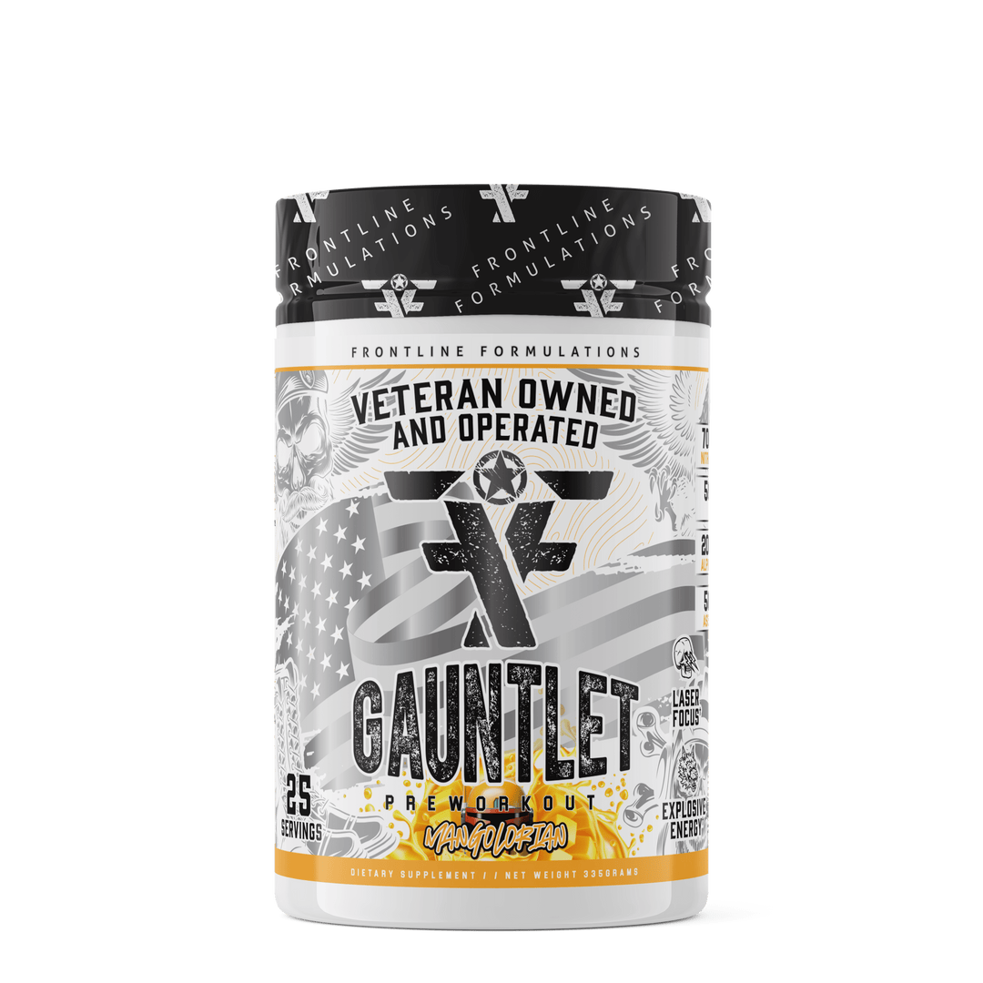 Front Line Formulations Gauntlet Gauntlet is quickly becoming one of the most sought after mid stim pres on the market! -boasting 275mg of caffeine combined with 50mg of astragin for almost instant absorption!-300mg of L-Theanine to prevent jitters and el