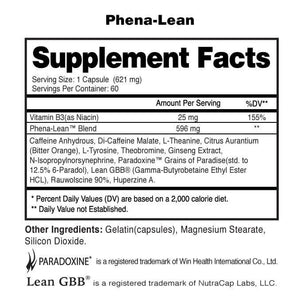 Phena-Lean Phena-Lean™ is designed with a superior blend of ingredients and fast release technology provides powerful, all-day energy to help support your weight loss goals. Paradoxine® and Lean GBB® triggers thermogenesis and decreases body fat. Get read