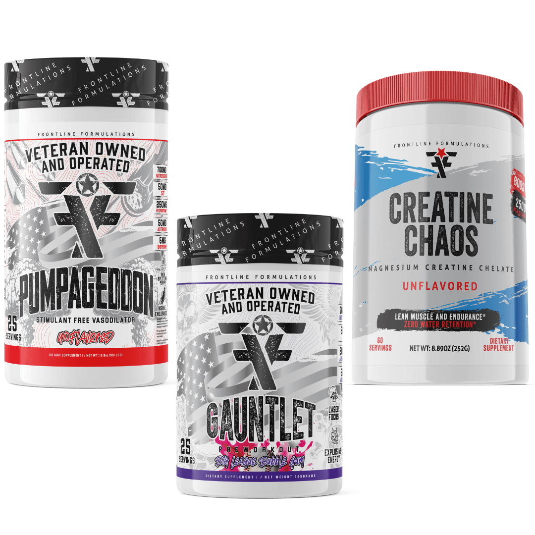 Frontline Formulations Gauntlet Pumpageddon Creatine Chaos Stack Pumpageddon Strap in! This concoction is for people that chase only the most ridiculous pumps! With a jaw dropping 7,000mg of L-Citruline Malate and key ingredients like nitrosigine, beta al