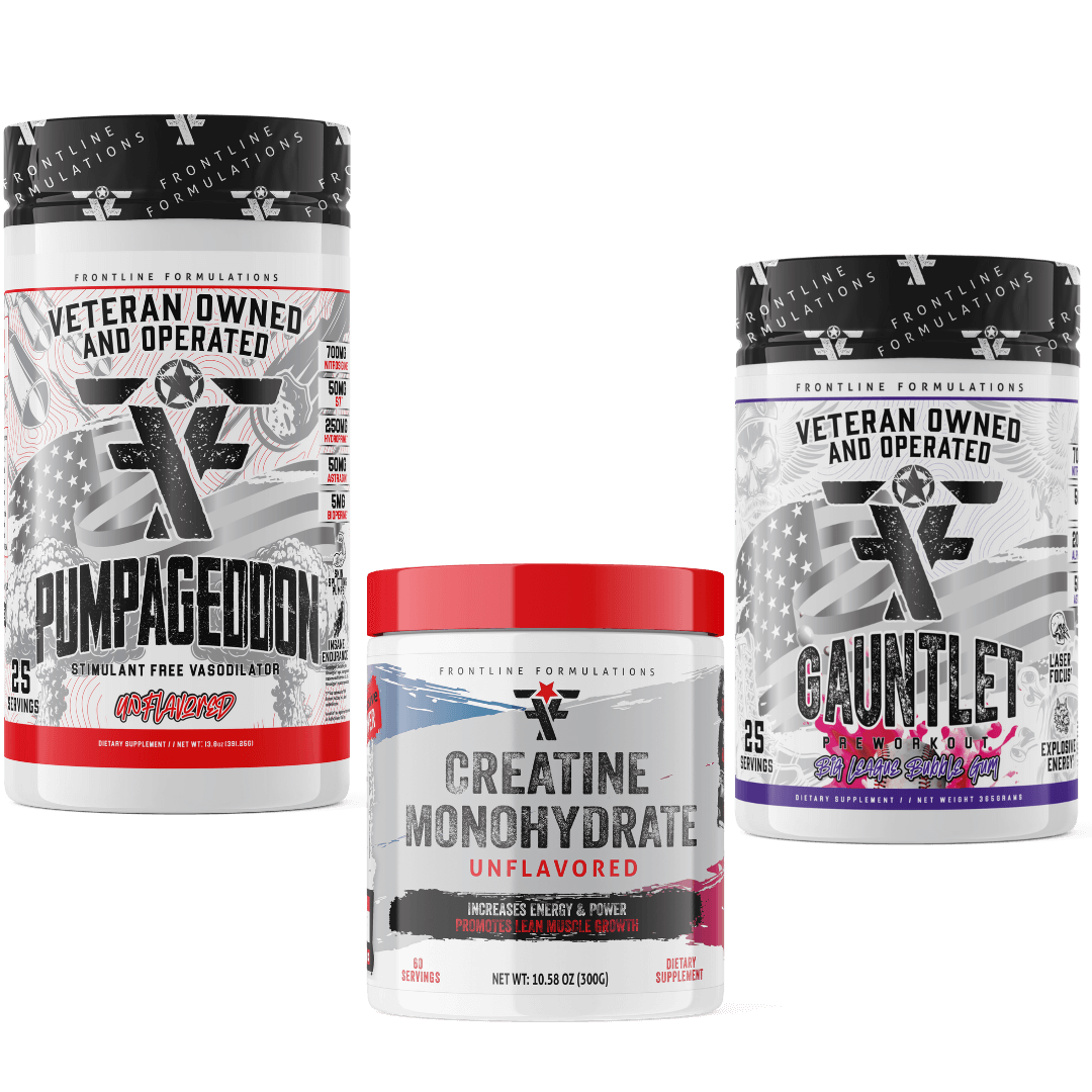 Frontline Formulations Gauntlet Pumpageddon Creatine Monohydrate Stack Gauntlet is quickly becoming one of the most sought after mid stim pres on the market! -boasting 275mg of caffeine combined with 50mg of astragin for almost instant absorption!-300mg o