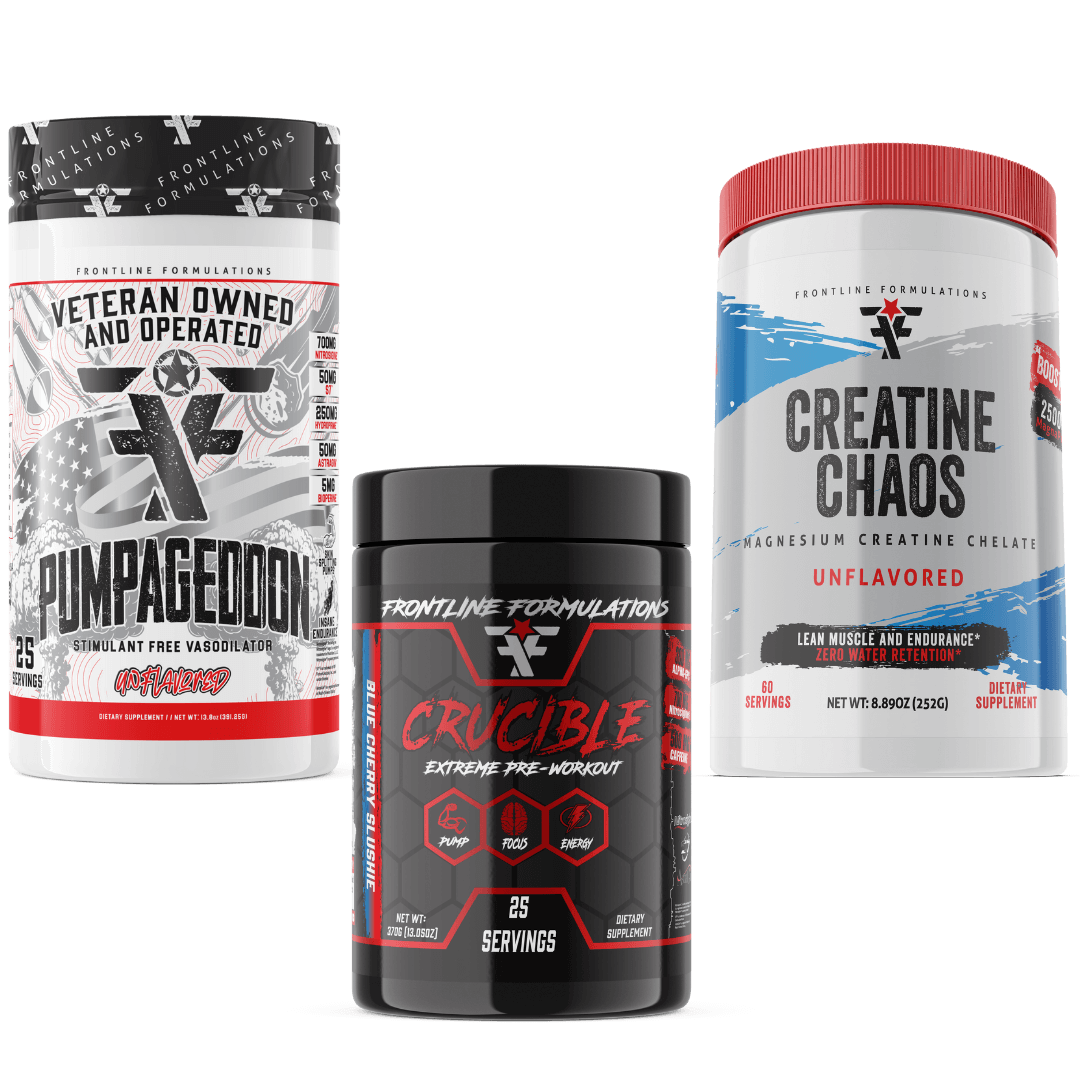 Frontline Formulations Hi Stim Preworkout Stack With Creatine Chaos Pumpageddon Strap in! This concoction is for people that chase only the most ridiculous pumps! With a jaw dropping 7,000mg of L-Citruline Malate and key ingredients like nitrosigine, beta