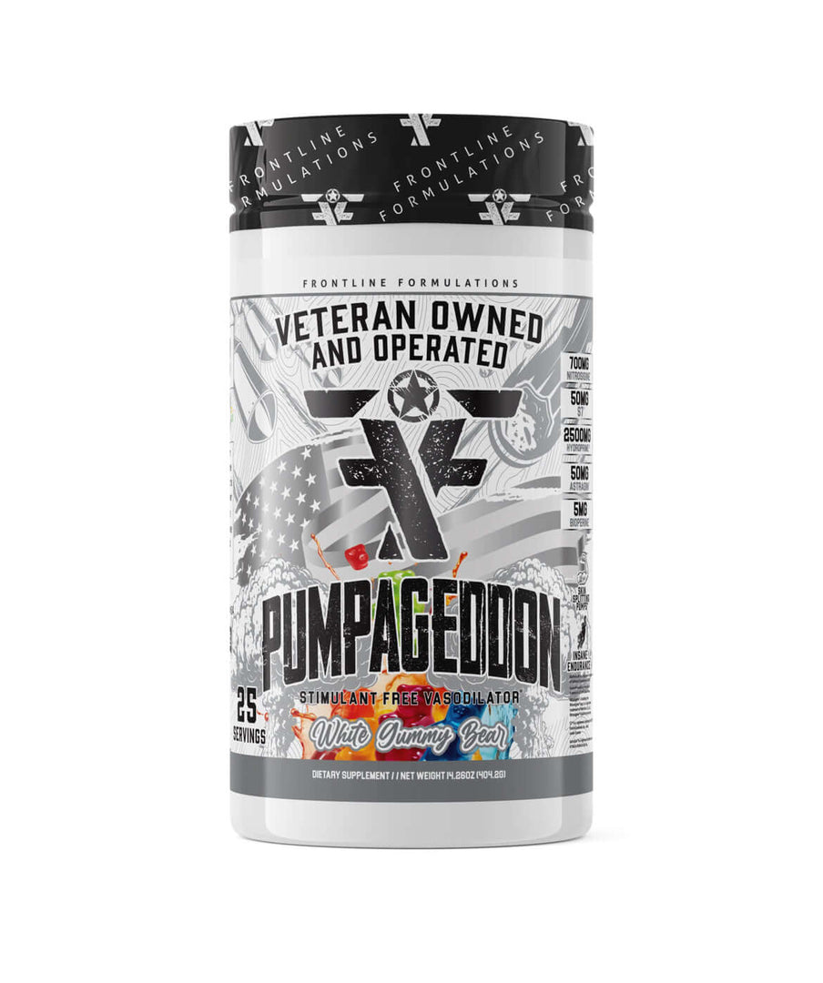 Frontline Formulations Pumpageddon Strap in! This concoction is for people that chase only the most ridiculous pumps! With a jaw dropping 7,000mg of L-Citruline Malate and key ingredients like nitrosigine, beta alanine and S7, this caffeine-free preworkou