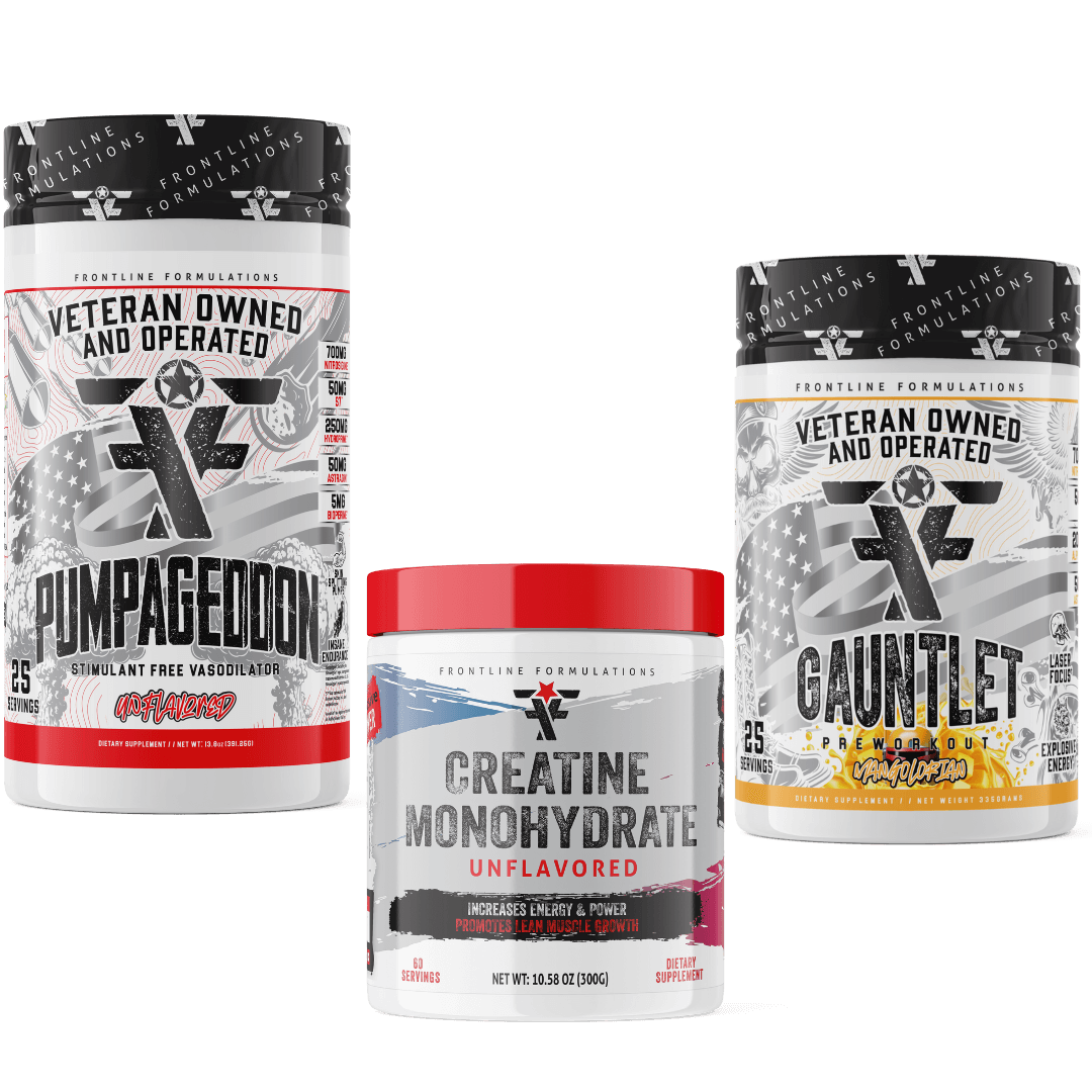 Frontline Formulations Gauntlet Pumpageddon Creatine Monohydrate Stack Gauntlet is quickly becoming one of the most sought after mid stim pres on the market! -boasting 275mg of caffeine combined with 50mg of astragin for almost instant absorption!-300mg o