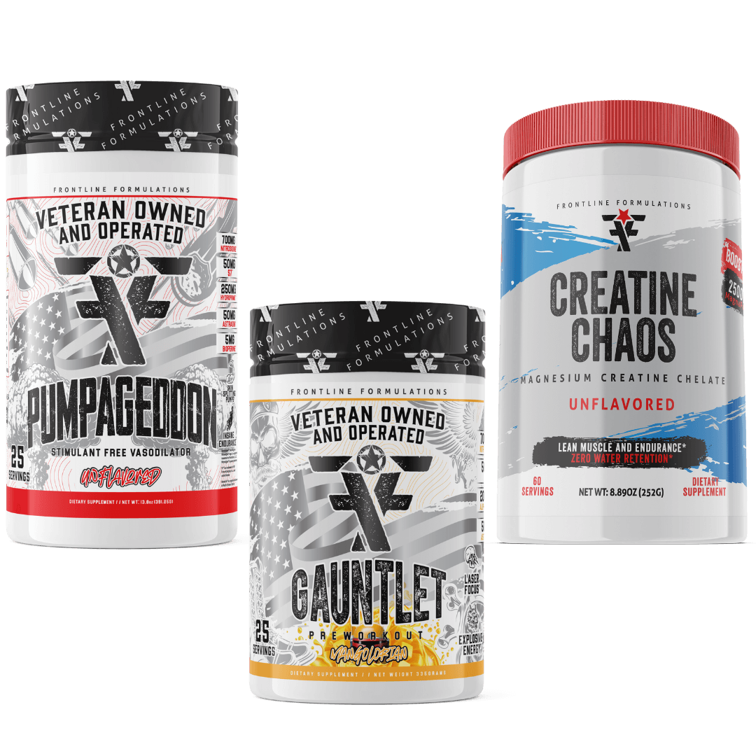 Frontline Formulations Gauntlet Pumpageddon Creatine Chaos Stack Pumpageddon Strap in! This concoction is for people that chase only the most ridiculous pumps! With a jaw dropping 7,000mg of L-Citruline Malate and key ingredients like nitrosigine, beta al