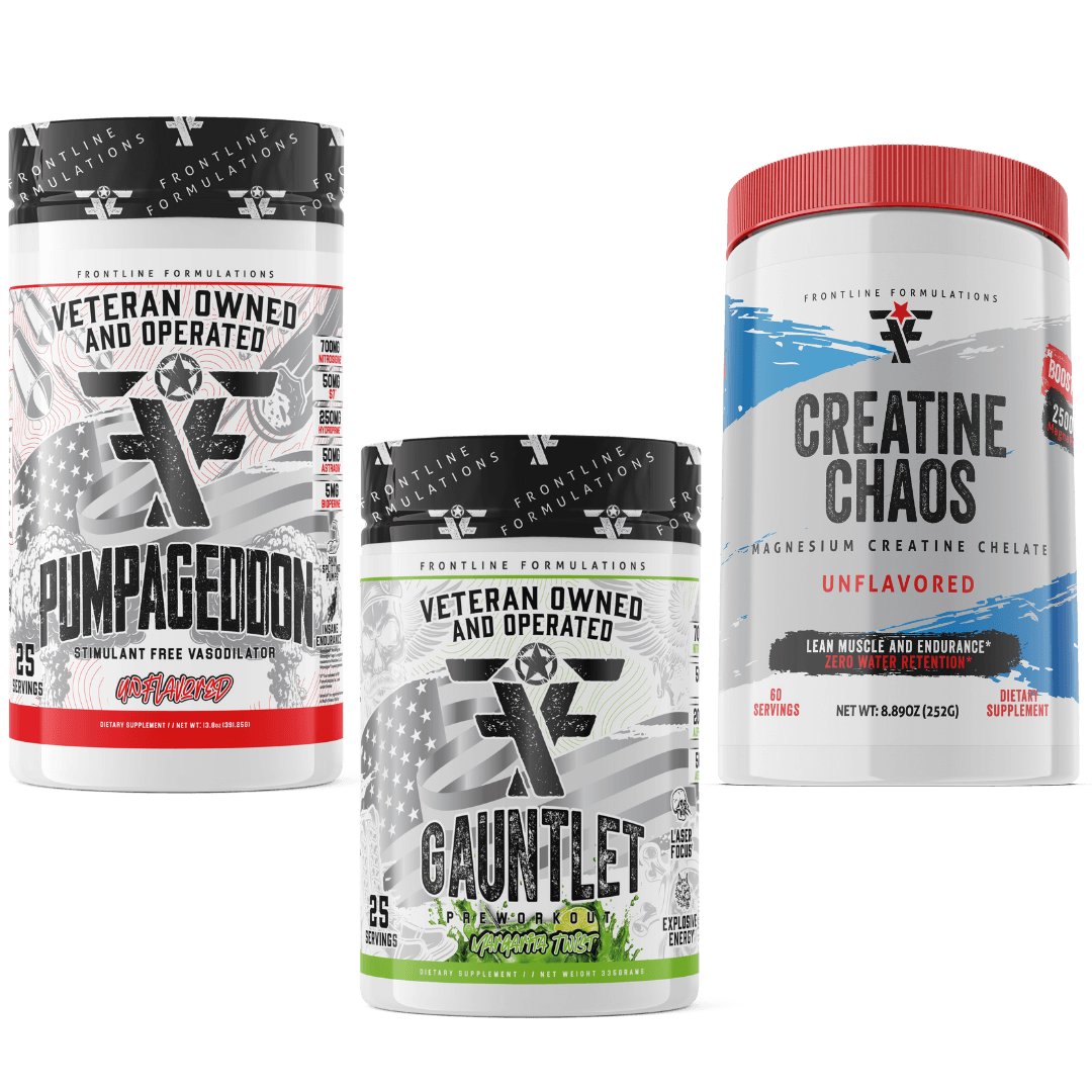 Frontline Formulations Gauntlet Pumpageddon Creatine Chaos Stack Pumpageddon Strap in! This concoction is for people that chase only the most ridiculous pumps! With a jaw dropping 7,000mg of L-Citruline Malate and key ingredients like nitrosigine, beta al