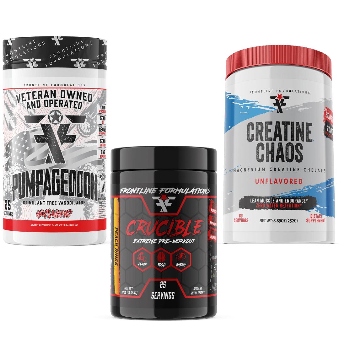 Frontline Formulations Hi Stim Preworkout Stack With Creatine Chaos Pumpageddon Strap in! This concoction is for people that chase only the most ridiculous pumps! With a jaw dropping 7,000mg of L-Citruline Malate and key ingredients like nitrosigine, beta