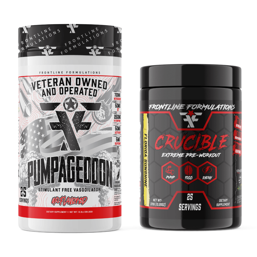 Frontline Formulations Crucible Pump Stack Pumpageddon Strap in! This concoction is for people that chase only the most ridiculous pumps! With a jaw dropping 7,000mg of L-Citruline Malate and key ingredients like nitrosigine, beta alanine and S7, this caf