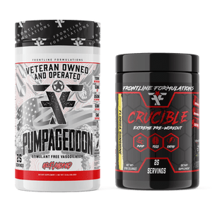 Frontline Formulations Crucible Pump Stack Pumpageddon Strap in! This concoction is for people that chase only the most ridiculous pumps! With a jaw dropping 7,000mg of L-Citruline Malate and key ingredients like nitrosigine, beta alanine and S7, this caf