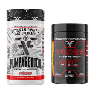 Frontline Formulations Crucible Pump Stack Pumpageddon Strap in! This concoction is for people that chase only the most ridiculous pumps! With a jaw dropping 7,000mg of L-Citruline Malate and key ingredients like nitrosigine, beta alanine and S7, this caf