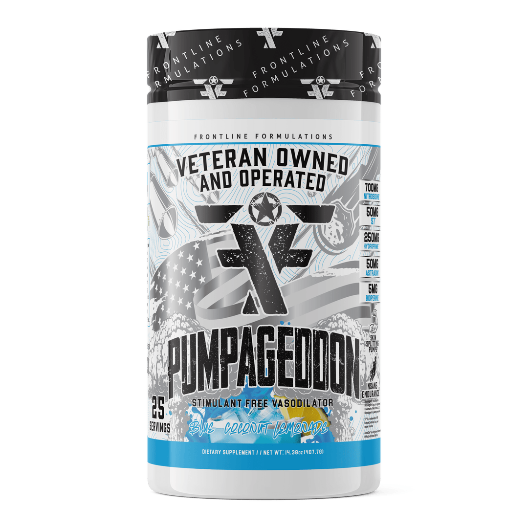 Frontline Formulations Pumpageddon Strap in! This concoction is for people that chase only the most ridiculous pumps! With a jaw dropping 7,000mg of L-Citruline Malate and key ingredients like nitrosigine, beta alanine and S7, this caffeine-free preworkou