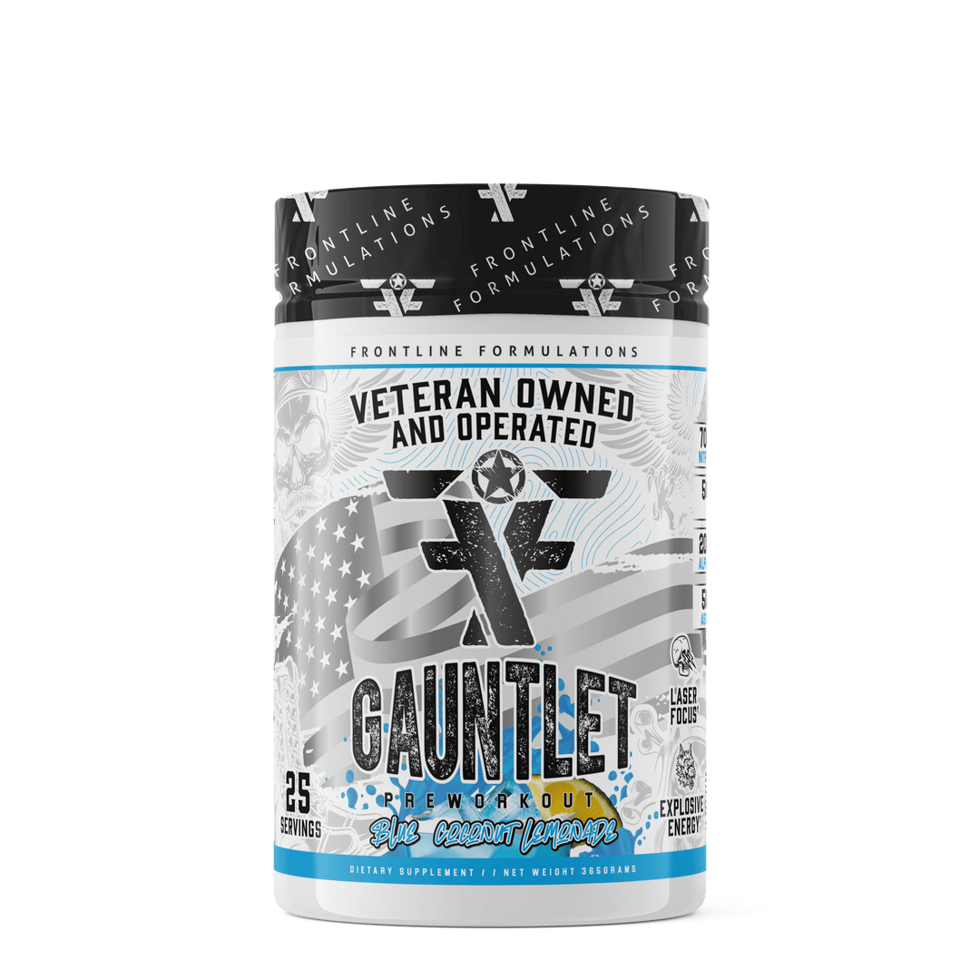 Front Line Formulations Gauntlet Gauntlet is quickly becoming one of the most sought after mid stim pres on the market! -boasting 275mg of caffeine combined with 50mg of astragin for almost instant absorption!-300mg of L-Theanine to prevent jitters and el