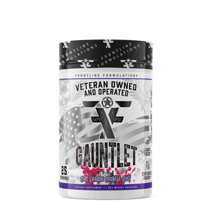 Front Line Formulations Gauntlet Gauntlet is quickly becoming one of the most sought after mid stim pres on the market! -boasting 275mg of caffeine combined with 50mg of astragin for almost instant absorption!-300mg of L-Theanine to prevent jitters and el