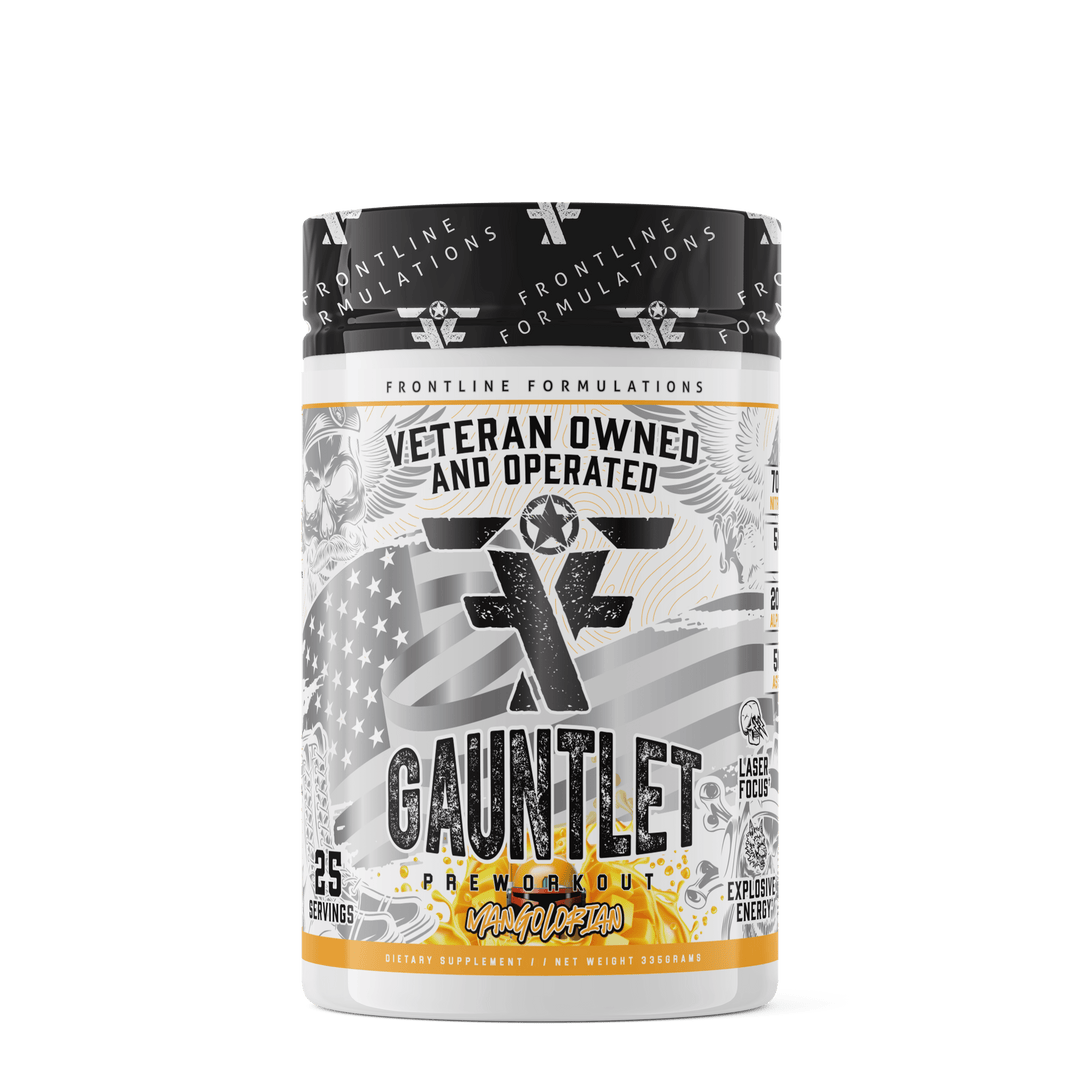 Front Line Formulations Gauntlet Gauntlet is quickly becoming one of the most sought after mid stim pres on the market! -boasting 275mg of caffeine combined with 50mg of astragin for almost instant absorption!-300mg of L-Theanine to prevent jitters and el