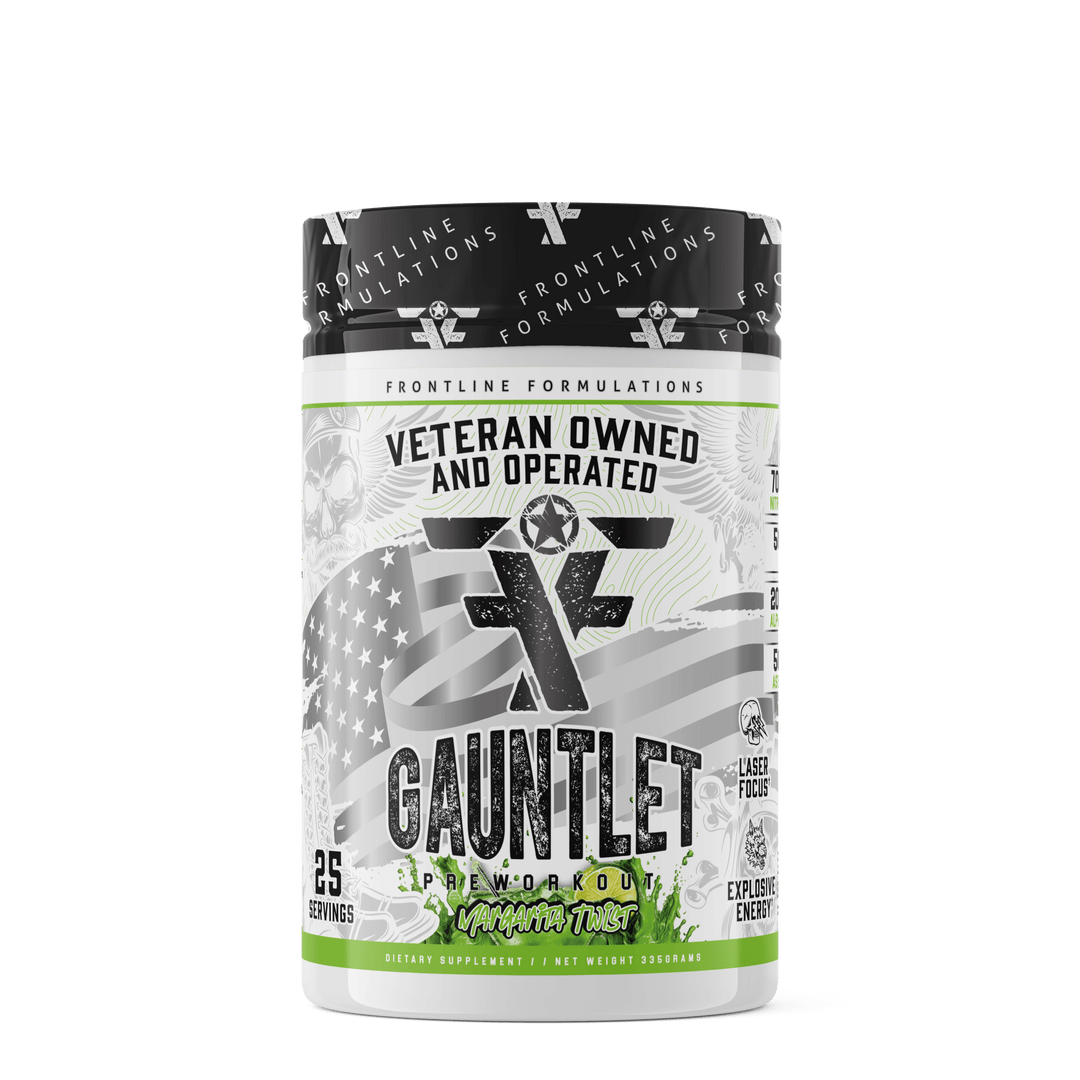 Front Line Formulations Gauntlet Gauntlet is quickly becoming one of the most sought after mid stim pres on the market! -boasting 275mg of caffeine combined with 50mg of astragin for almost instant absorption!-300mg of L-Theanine to prevent jitters and el