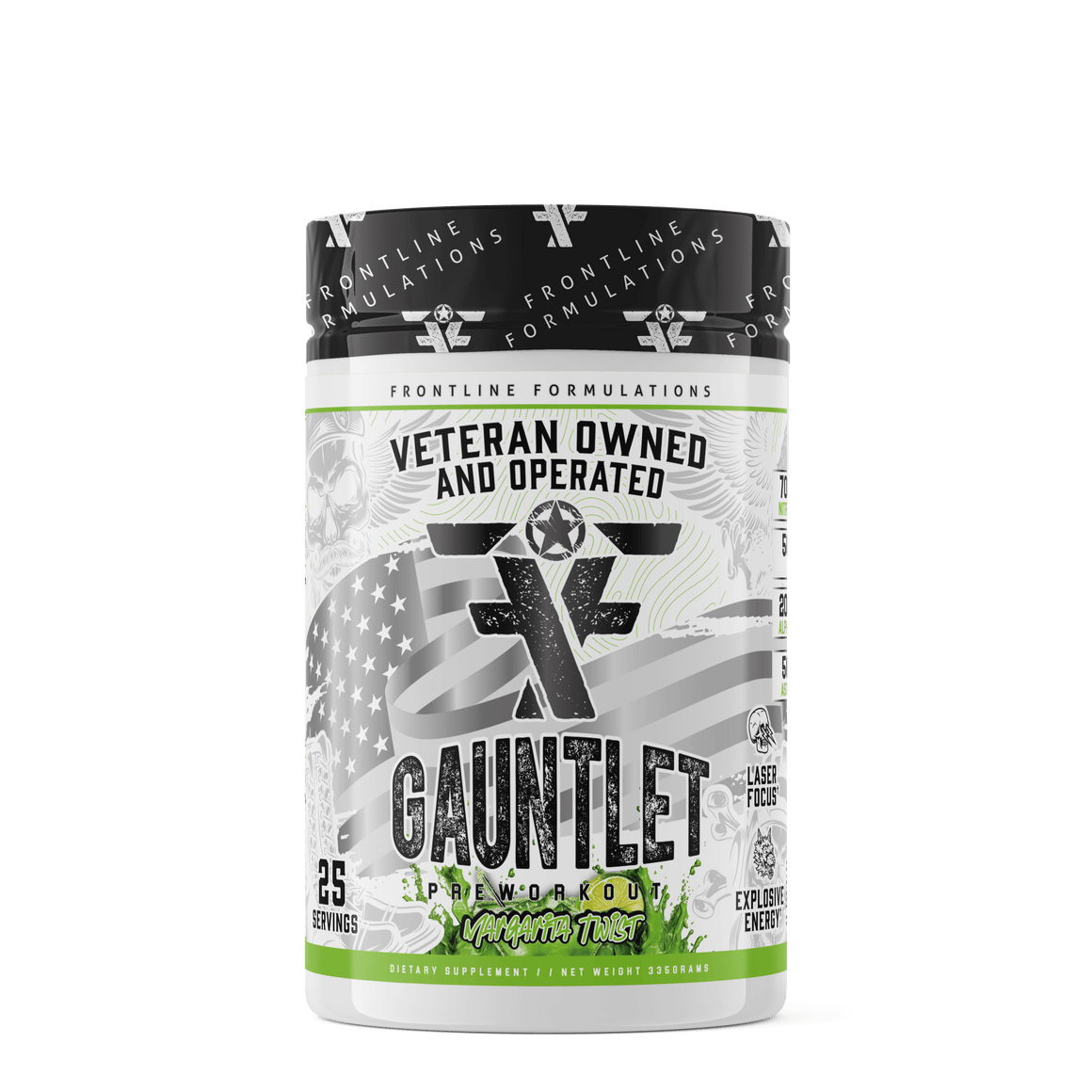 Front Line Formulations Gauntlet Gauntlet is quickly becoming one of the most sought after mid stim pres on the market! -boasting 275mg of caffeine combined with 50mg of astragin for almost instant absorption!-300mg of L-Theanine to prevent jitters and el