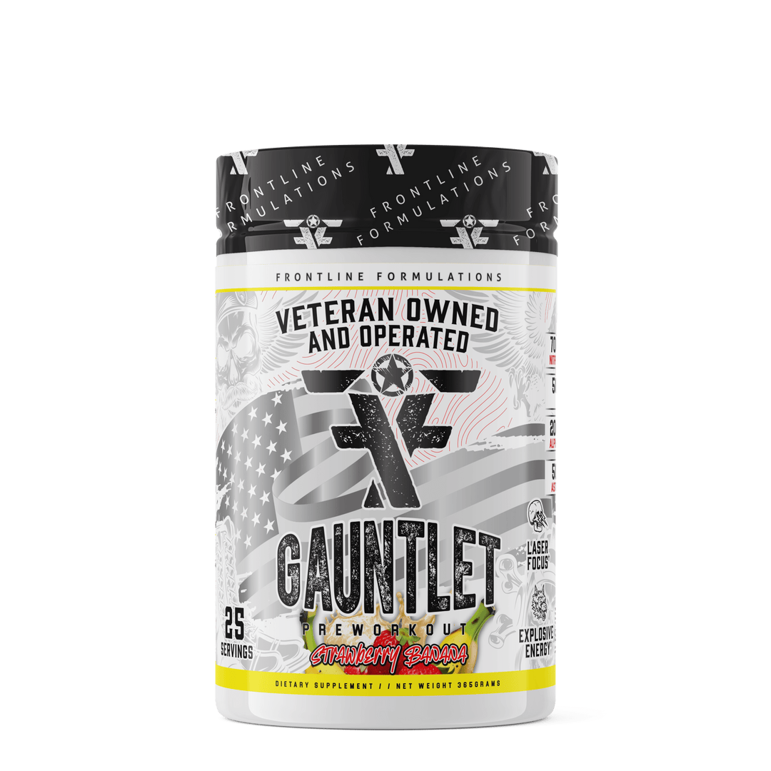 Front Line Formulations Gauntlet Gauntlet is quickly becoming one of the most sought after mid stim pres on the market! -boasting 275mg of caffeine combined with 50mg of astragin for almost instant absorption!-300mg of L-Theanine to prevent jitters and el