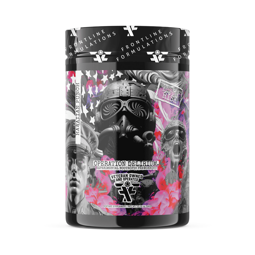 Frontline Formulations Operation Delirium: Experiemental Nootropic Preworkout Introducing Operation Delirium, the cutting-edge preworkout designed for warriors seeking an unparalleled boost in performance and focus. This military-grade experimental formul