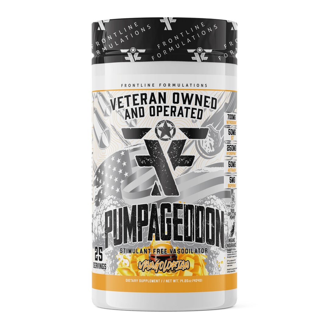 Frontline Formulations Pumpageddon Strap in! This concoction is for people that chase only the most ridiculous pumps! With a jaw dropping 7,000mg of L-Citruline Malate and key ingredients like nitrosigine, beta alanine and S7, this caffeine-free preworkou