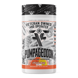 Frontline Formulations Pumpageddon Strap in! This concoction is for people that chase only the most ridiculous pumps! With a jaw dropping 7,000mg of L-Citruline Malate and key ingredients like nitrosigine, beta alanine and S7, this caffeine-free preworkou