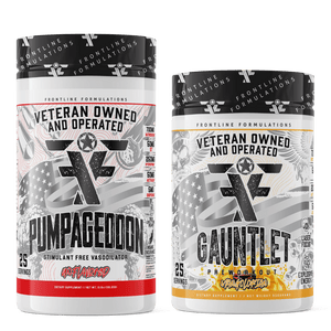 Frontline Formulations Gauntlet Pump Stack Strap in! This concoction is for people that chase only the most ridiculous pumps! With a jaw dropping 7,000mg of L-Citruline Malate and key ingredients like nitrosigine, beta alanine and S7, this caffeine-free p