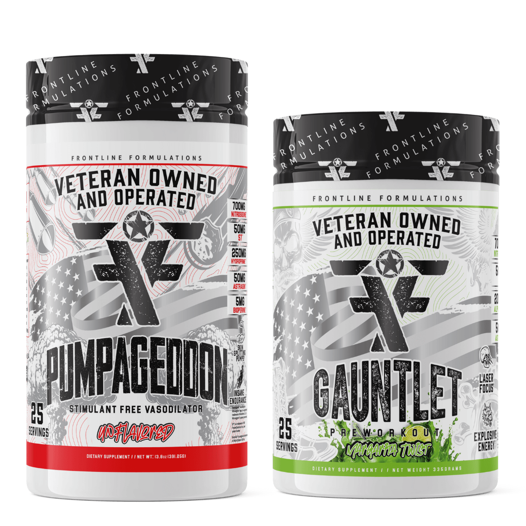 Frontline Formulations Gauntlet Pump Stack Strap in! This concoction is for people that chase only the most ridiculous pumps! With a jaw dropping 7,000mg of L-Citruline Malate and key ingredients like nitrosigine, beta alanine and S7, this caffeine-free p