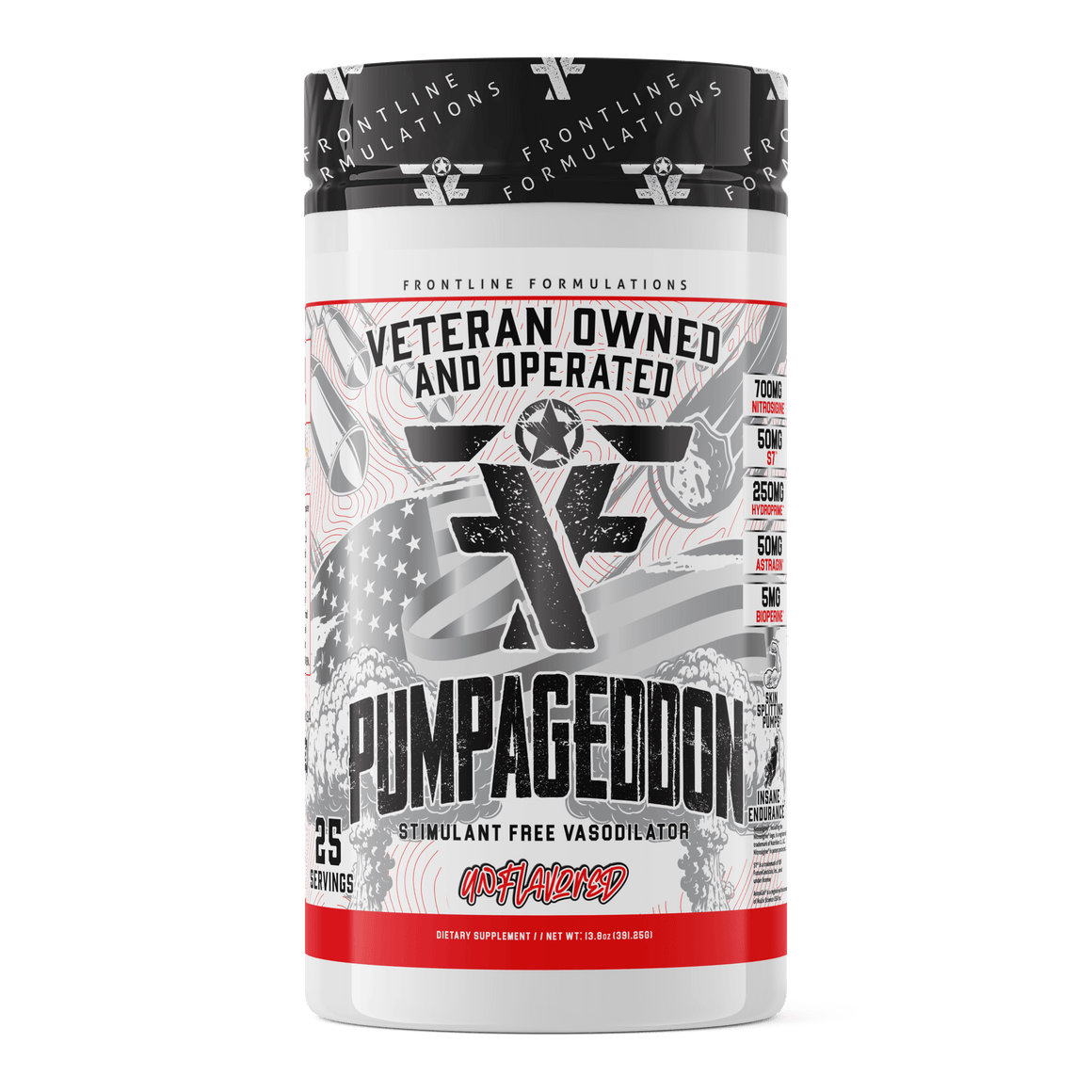 Frontline Formulations Pumpageddon Strap in! This concoction is for people that chase only the most ridiculous pumps! With a jaw dropping 7,000mg of L-Citruline Malate and key ingredients like nitrosigine, beta alanine and S7, this caffeine-free preworkou
