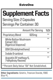 Estro One ESTROGEN BLOCKER EstroOne reduces and restores proper estrogen levels to optimize muscle growth. Which can result in reducing body fat, increasing muscle density, and improving overall mood and drive. BENEFITS IMPROVE HEALTH Promotes healthy met