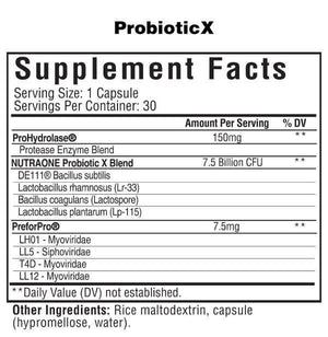 Probiotic X DESCRIPTION COMPLETE MICROBIOME & DIGESTIVE HEALTH FORMULA ProbioticX is a blend of probiotic strains that populate the lower and upper digestive tract and provides a multitude of unique health benefits. BENEFITS PROMOTES DIGESTIVE HEALTH Supp