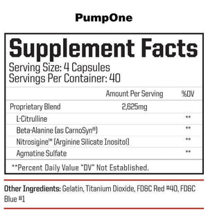 Pump One ADAVANCED NITRIC OXIDE FORMULA PumpOne is the ultimate Nitric Oxide formula to give you intense muscle pumps, vascularity, and insane endurance. BENEFITS MOOD ENHANCING Agmatine Sulfate has nootropic properties and can enhance mood giving you the