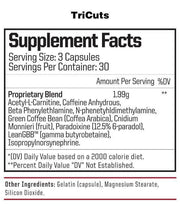 Tri-Cuts DESCRIPTION COMPREHENSIVE THERMOGENIC Tricuts is NutraOne’s most comprehensive and effective thermogenic. Tricuts was formulated with the most powerful, fat-burning ingredients and the option to increase your intensity by dose. BENEFITS ENERGY &