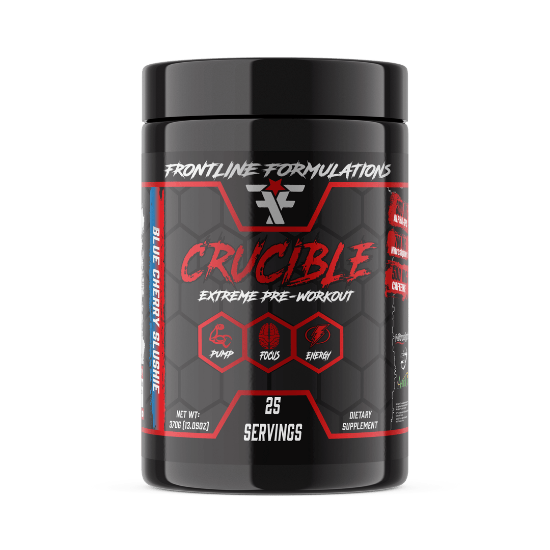 Frontline Formulations Crucible Crucible is quickly becoming the HOTTEST preworkout on the market because of it's clinically dosed ingredients and perfected formula. Insane energy from 500mg of potent time-released, tri-blend caffeine Enhances nitric oxid