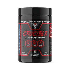 Frontline Formulations Crucible Crucible is quickly becoming the HOTTEST preworkout on the market because of it's clinically dosed ingredients and perfected formula. Insane energy from 500mg of potent time-released, tri-blend caffeine Enhances nitric oxid