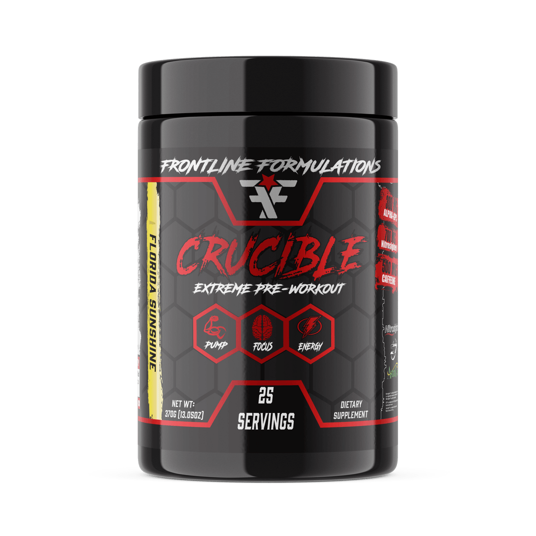 Frontline Formulations Crucible Crucible is quickly becoming the HOTTEST preworkout on the market because of it's clinically dosed ingredients and perfected formula. Insane energy from 500mg of potent time-released, tri-blend caffeine Enhances nitric oxid