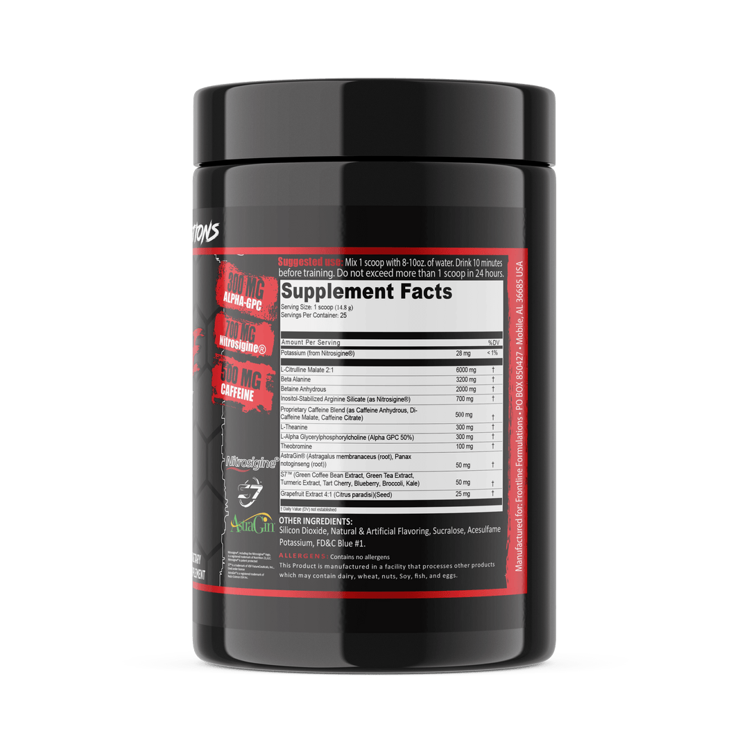 Frontline Formulations Crucible Crucible is quickly becoming the HOTTEST preworkout on the market because of it's clinically dosed ingredients and perfected formula. Insane energy from 500mg of potent time-released, tri-blend caffeine Enhances nitric oxid