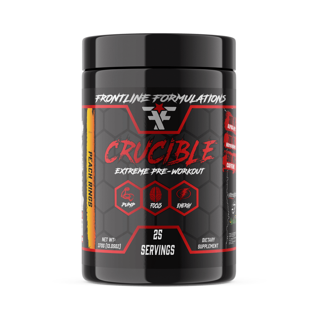 Frontline Formulations Crucible Crucible is quickly becoming the HOTTEST preworkout on the market because of it's clinically dosed ingredients and perfected formula. Insane energy from 500mg of potent time-released, tri-blend caffeine Enhances nitric oxid