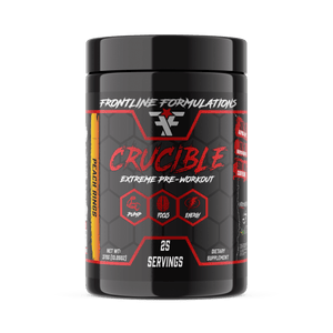 Frontline Formulations Crucible Crucible is quickly becoming the HOTTEST preworkout on the market because of it's clinically dosed ingredients and perfected formula. Insane energy from 500mg of potent time-released, tri-blend caffeine Enhances nitric oxid