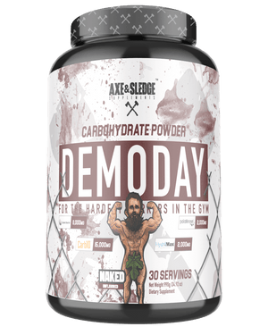 Demo Day - Axe and Sledge PERI-WORKOUT CARBOHYDRATE FORMULA THERE ARE PLENTY OF CARBOHYDRATE POWDERS IN THE SPORTS NUTRITION INDUSTRY, BUT NONE OF THEM COMPARE TO DEMO DAY. WITH FOUR PATENTED INGREDIENTS, WE’VE CREATED ONE OF THE MOST VERSATILE CARBOHYDRA