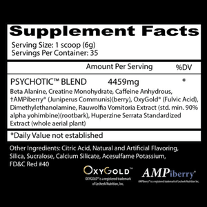 Insane Labs - Psychotic Pre Workout Insane Labz Psychotic Ingredients Supplement Facts Serving Size: 1 Scoop Servings Per Container: 35 Psychotic Blend 4459mg Beta Alanine, Creatine Monohydrate, Caffeine Anhydrous, AMPiberry (Juniperus Communis)(berry), H