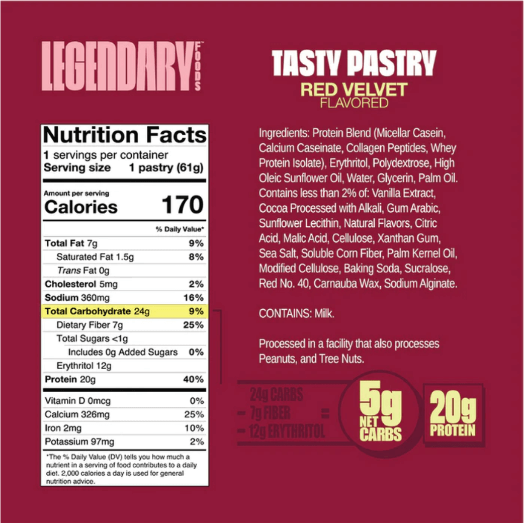 Muscle & Strength - Tasty Protein Pastry (Box of 10) A Legendary Foods Product Eat Your Favorite Childhood Treat, Without the Sugar 20g of protein per pastry 0g of added sugar per pastry 5g of net carbs per pastry Keto-friendly and gluten-fee