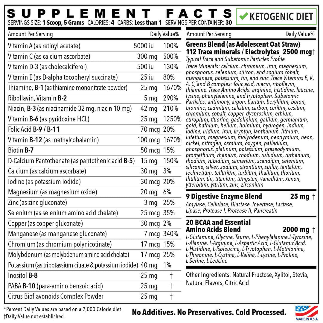 Sport Formula Powder Multivitamin with BCAA, Essential Amino Acids, Deigestive Enzymes and more, 30 day supply (30 packets) Keto Diet Friendly (less than one carb) 4 calories Cold processed, Raw Powder Multivitamins with BCAA and Essential Amino Acids, Di