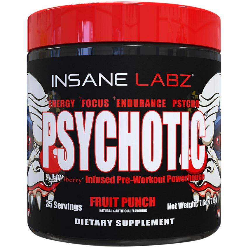 Insane Labs - Psychotic Pre Workout Insane Labz Psychotic Ingredients Supplement Facts Serving Size: 1 Scoop Servings Per Container: 35 Psychotic Blend 4459mg Beta Alanine, Creatine Monohydrate, Caffeine Anhydrous, AMPiberry (Juniperus Communis)(berry), H