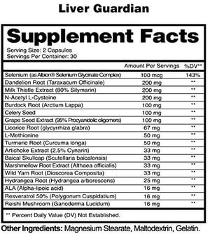 Liver Guardian DETAILS: Liver Guardian is a full spectrum liver support supplement to eliminate toxins, on-cycle, post cycle or for daily health. Contains advantageous amounts of antioxidants to protect your filtration organs from negative side effects of